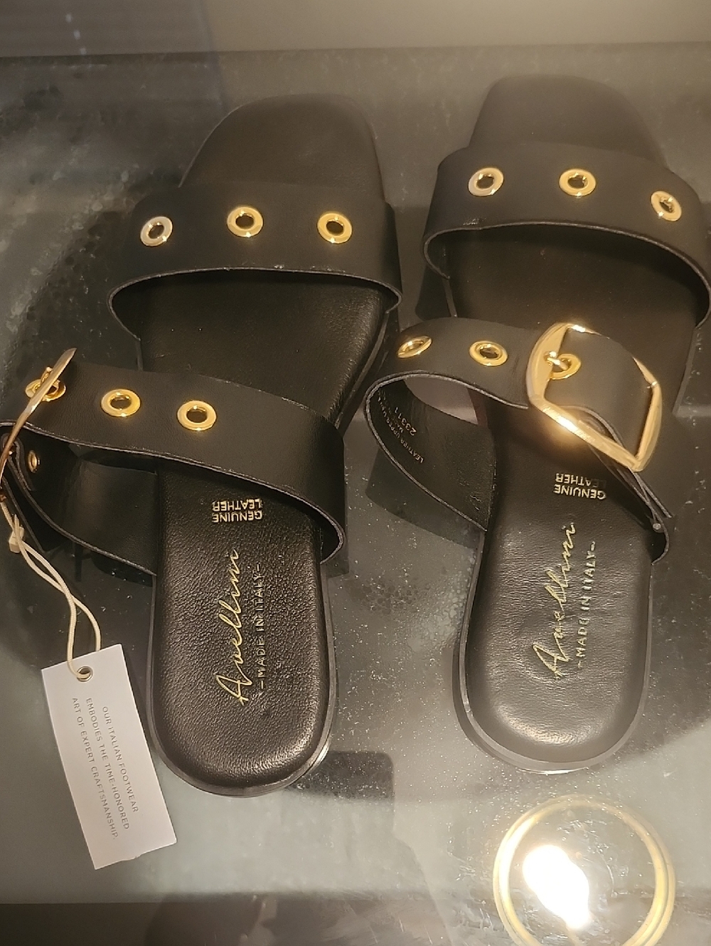 AQUAZZURA Black Leather Slide Sandals with Gold Eyelet Detail